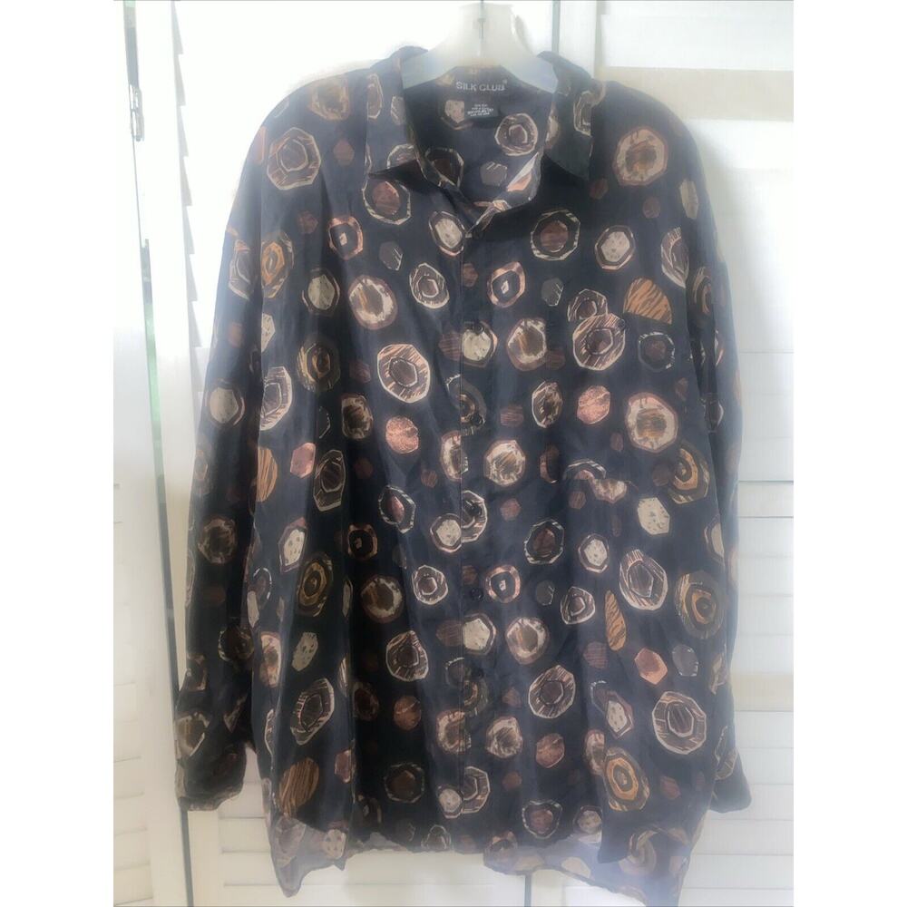 Silk Club Button Up Shirt Men’s Black & Mushroom Print Silk Long Sleeve Large